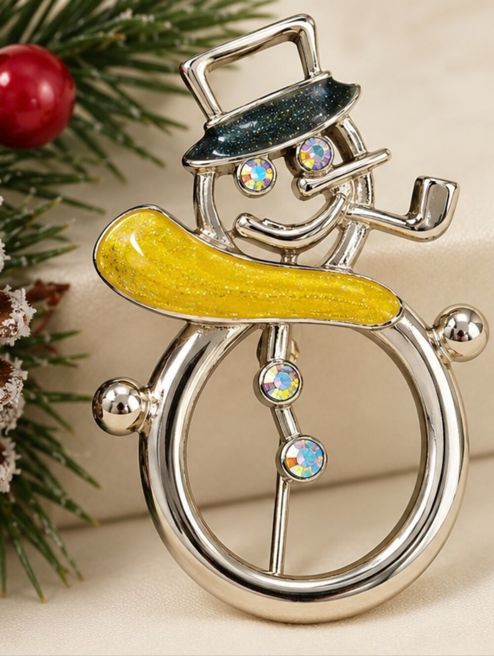 Vintage Snowman Brooch AB Rhinestone Yellow Enamel Christmas Holiday Pin